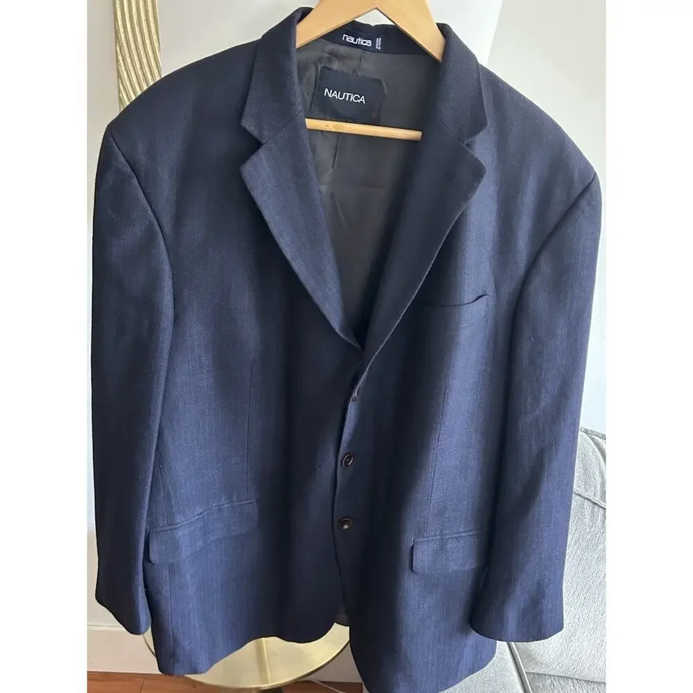 Nautica Silk Wool Blazer Sport Jacket 48R Preppy Coastal.Blue Old Money